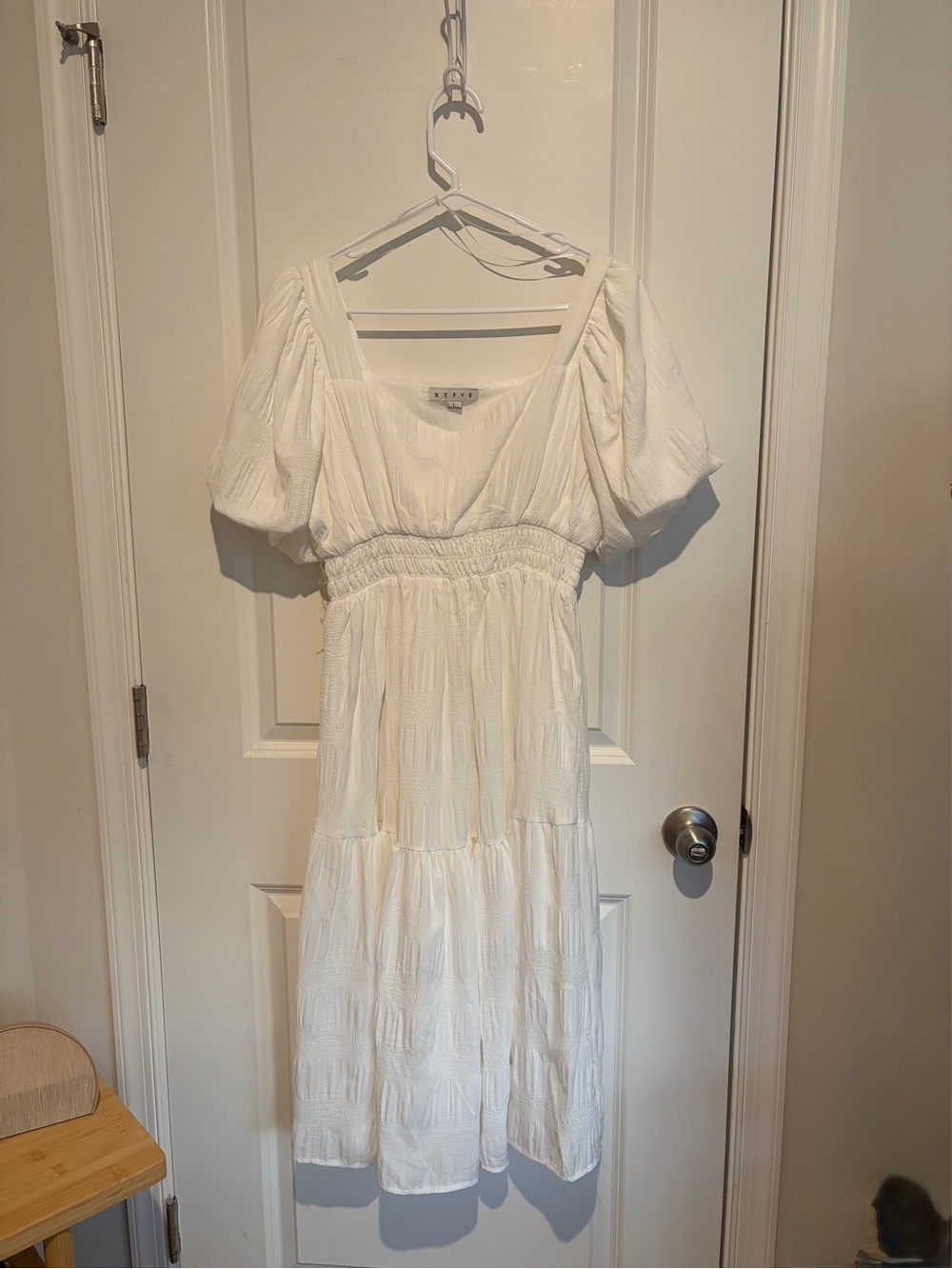 HYFVE White Puff-Sleeve Smocked Midi Dress